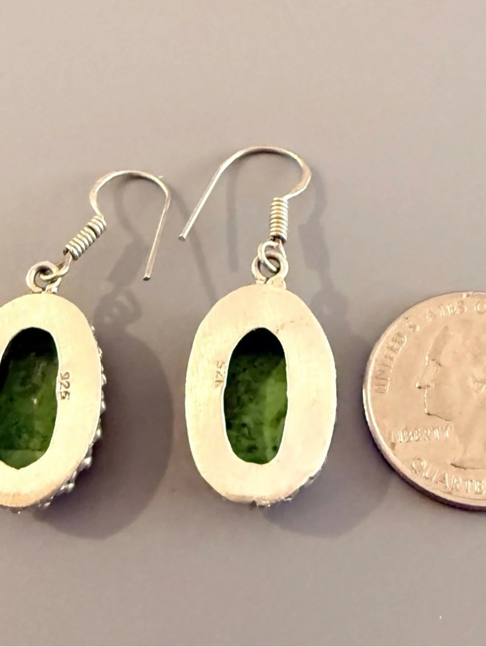 Vintage Southwestern Sterling Silver Green Gemstone Dangle Hook Earrings 925